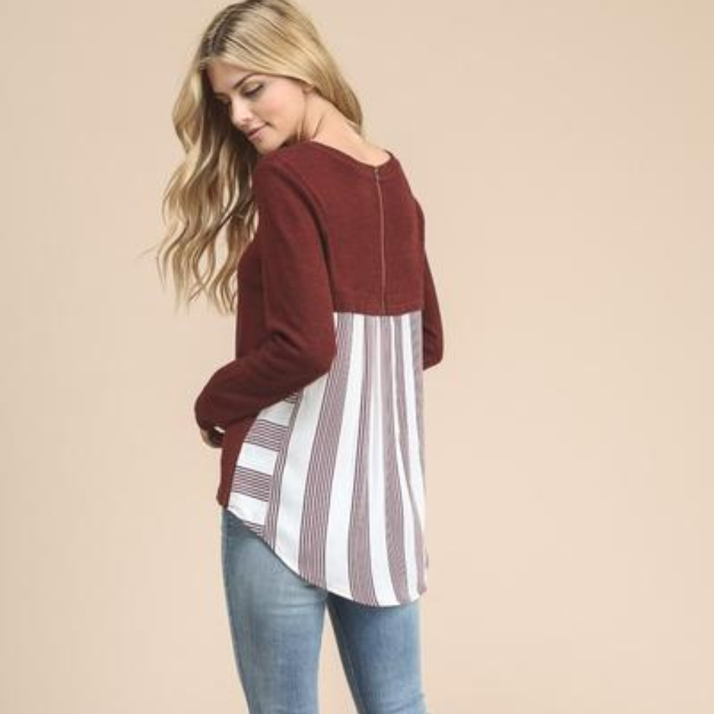 Maroon light weight sweater with striped back
